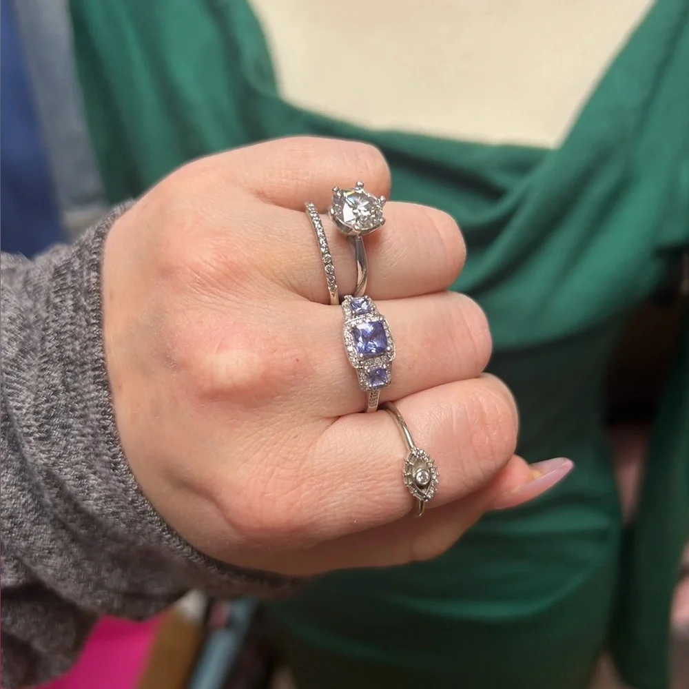 14kt White Gold, Natural Mined Diamond and Tanzenite Trinity Ring